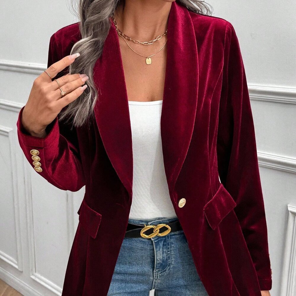 Burgundy Party Women's Elegant Velvet Blazer - Picture 1 of 8